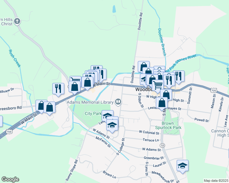 map of restaurants, bars, coffee shops, grocery stores, and more near 111 McBroom Street in Woodbury