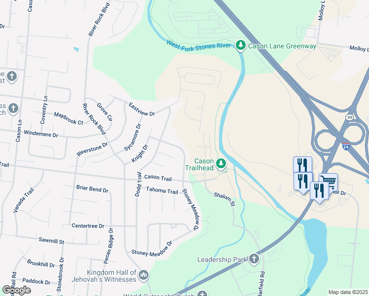 map of restaurants, bars, coffee shops, grocery stores, and more near 1917 Stoney Meadow Drive in Murfreesboro