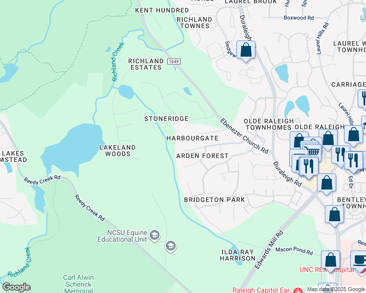 map of restaurants, bars, coffee shops, grocery stores, and more near 4512 Touchstone Forest Road in Raleigh