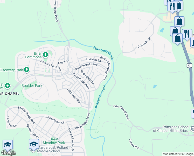 map of restaurants, bars, coffee shops, grocery stores, and more near 54 Bennett Ridge Road in Chapel Hill