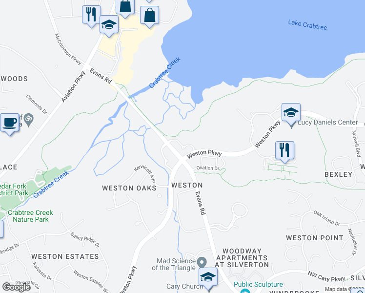 map of restaurants, bars, coffee shops, grocery stores, and more near Sage Commons Way in Cary