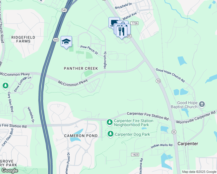 map of restaurants, bars, coffee shops, grocery stores, and more near 18303 Foresight Drive in Cary