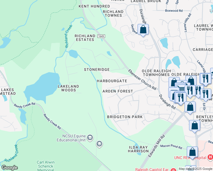 map of restaurants, bars, coffee shops, grocery stores, and more near 4512 Touchstone Forest Road in Raleigh