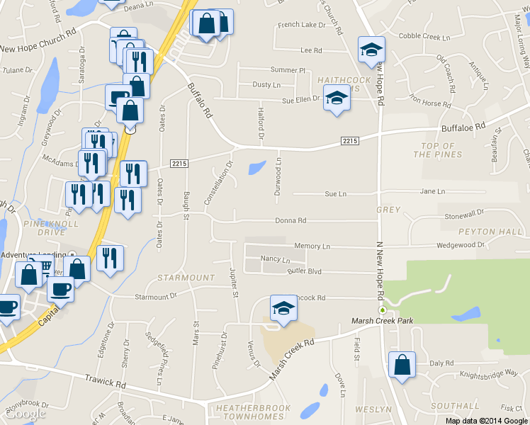 map of restaurants, bars, coffee shops, grocery stores, and more near 3613 Donna Road in Raleigh