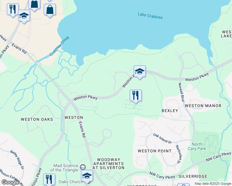 map of restaurants, bars, coffee shops, grocery stores, and more near 1 Metlife Way in Cary