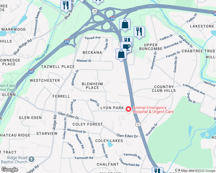 map of restaurants, bars, coffee shops, grocery stores, and more near 3308 Old Saybrook Court in Raleigh