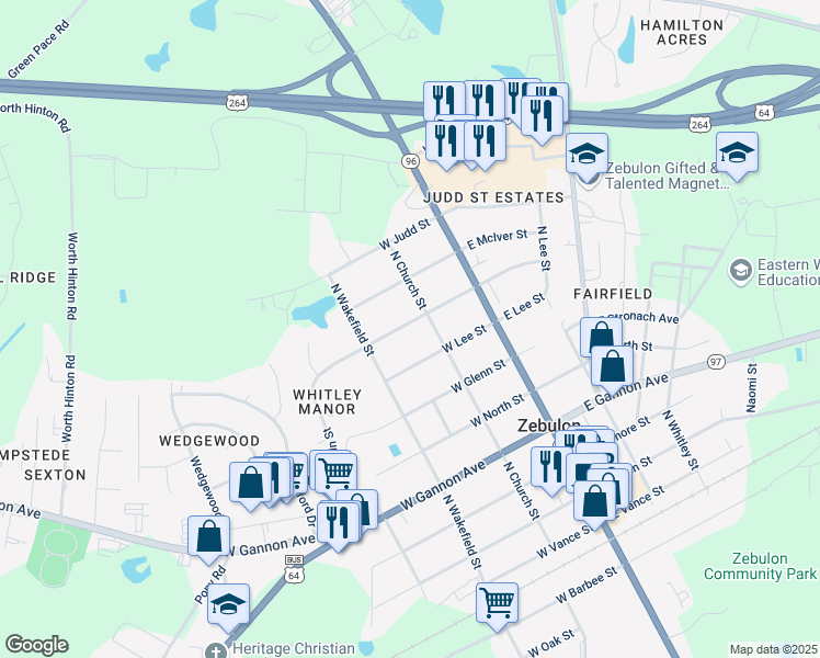 map of restaurants, bars, coffee shops, grocery stores, and more near 209 West Franklin Street in Zebulon