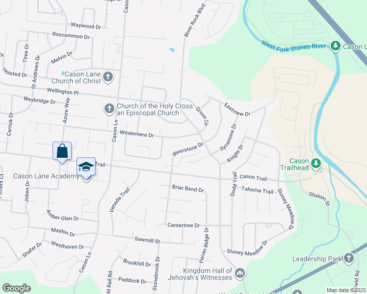map of restaurants, bars, coffee shops, grocery stores, and more near 2418 Riverstone Drive in Murfreesboro