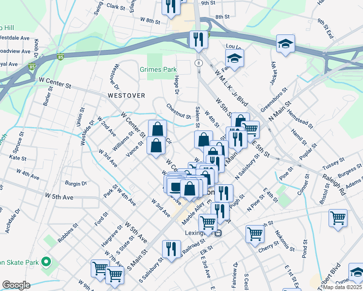 map of restaurants, bars, coffee shops, grocery stores, and more near West 2nd Street in Lexington
