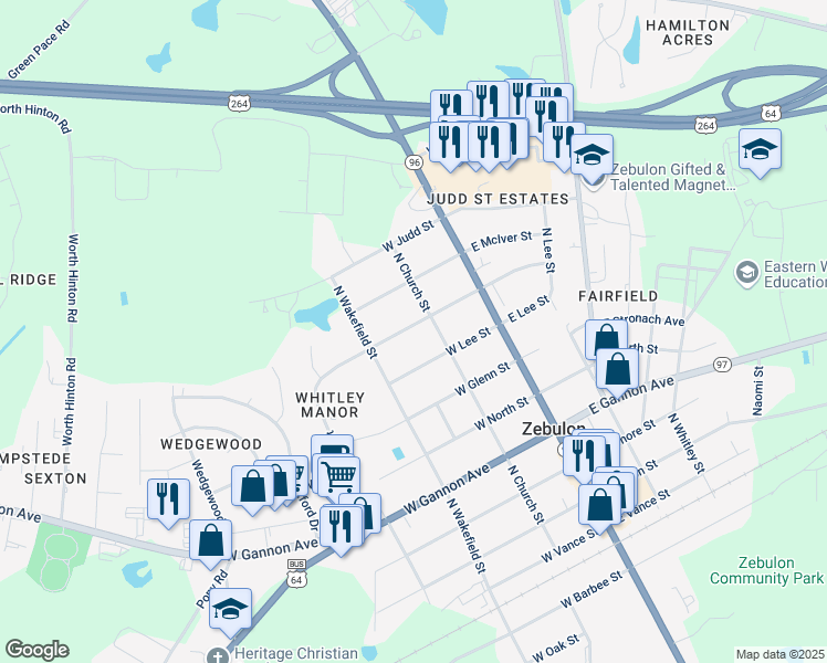 map of restaurants, bars, coffee shops, grocery stores, and more near 209 West Franklin Street in Zebulon