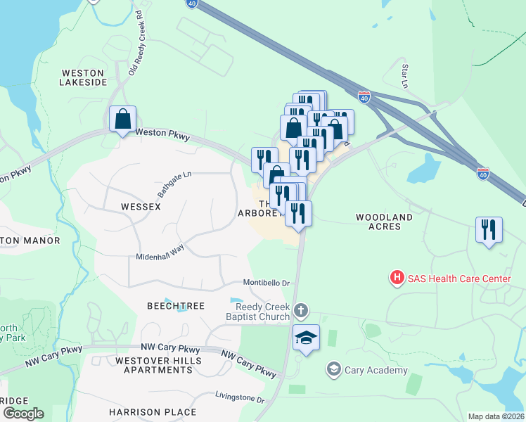 map of restaurants, bars, coffee shops, grocery stores, and more near in Cary