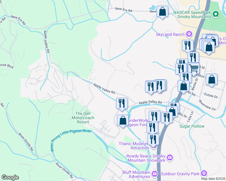 map of restaurants, bars, coffee shops, grocery stores, and more near 346 Apple Valley Road in Sevierville