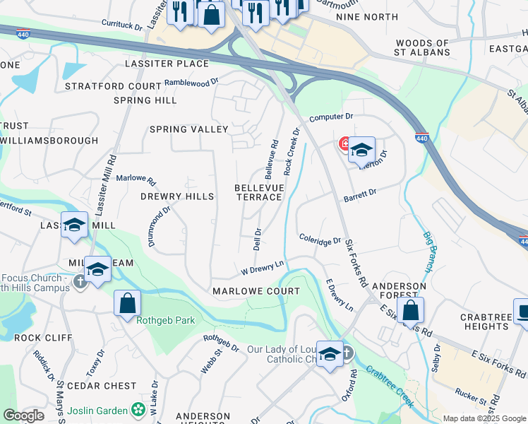 map of restaurants, bars, coffee shops, grocery stores, and more near 3408 Dell Drive in Raleigh