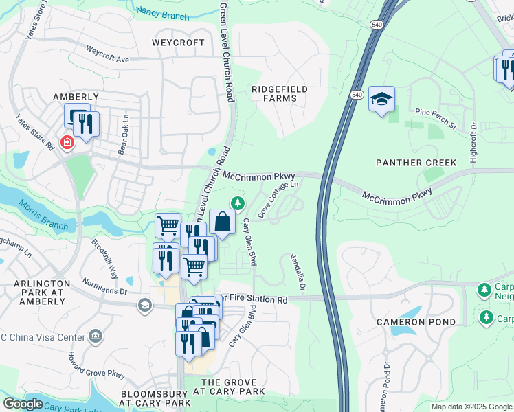 map of restaurants, bars, coffee shops, grocery stores, and more near 141 Dove Cottage Lane in Cary