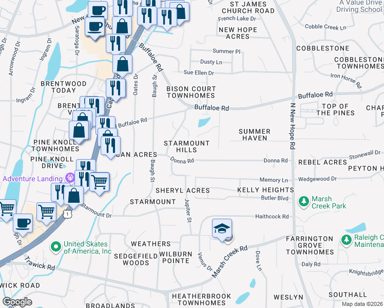 map of restaurants, bars, coffee shops, grocery stores, and more near 3504 Rigel Court in Raleigh