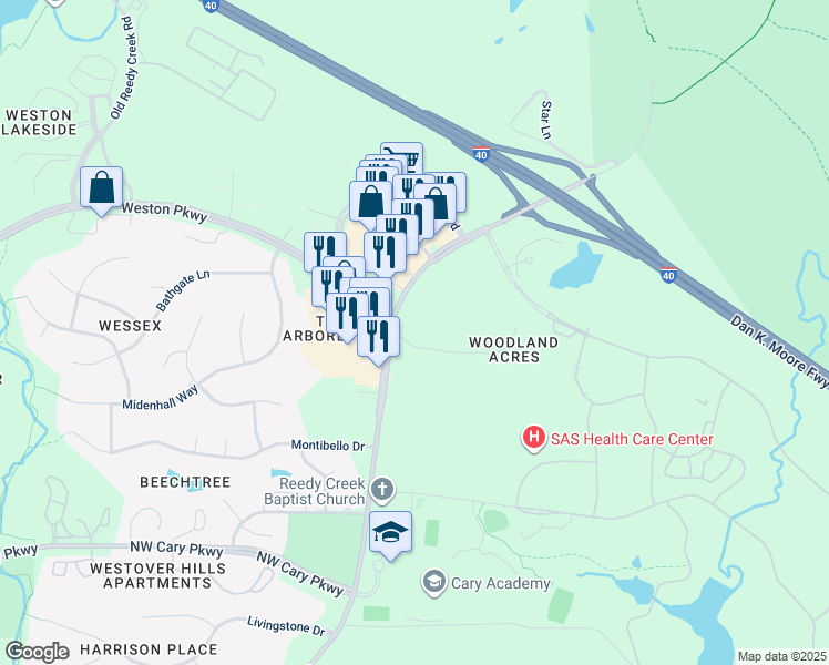 map of restaurants, bars, coffee shops, grocery stores, and more near 1700 North Harrison Avenue in Cary