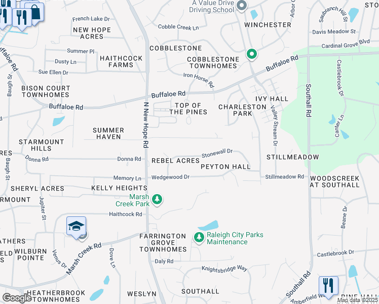 map of restaurants, bars, coffee shops, grocery stores, and more near 4403 Stonewall Drive in Raleigh
