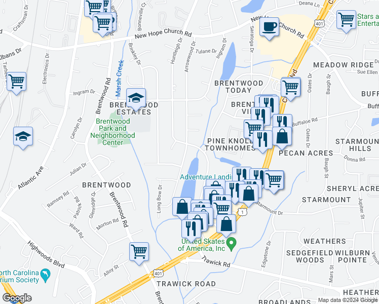 map of restaurants, bars, coffee shops, grocery stores, and more near 3316 Arrowwood Drive in Raleigh