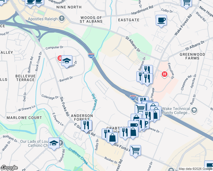 map of restaurants, bars, coffee shops, grocery stores, and more near 827 Bankston Woods Way in Raleigh