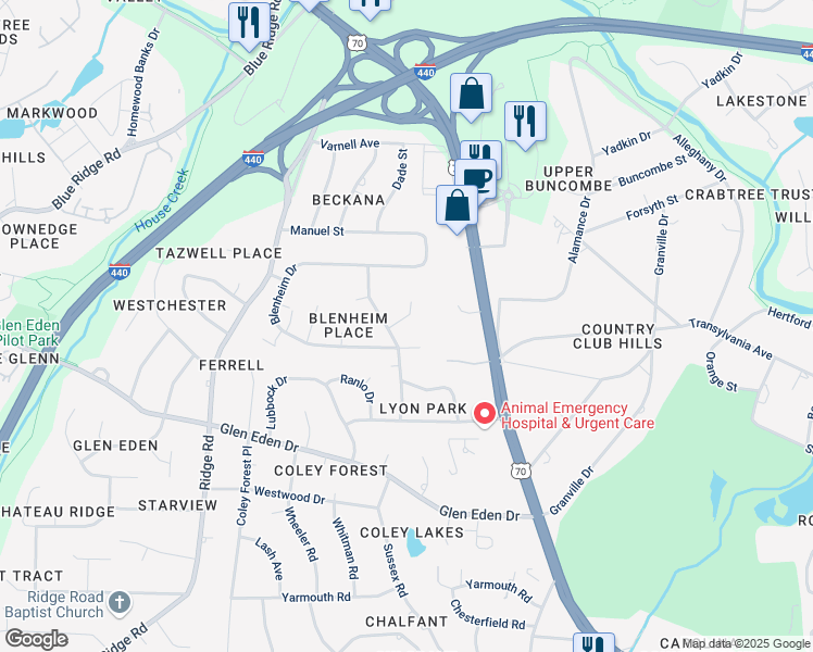 map of restaurants, bars, coffee shops, grocery stores, and more near 3308 Old Saybrook Court in Raleigh