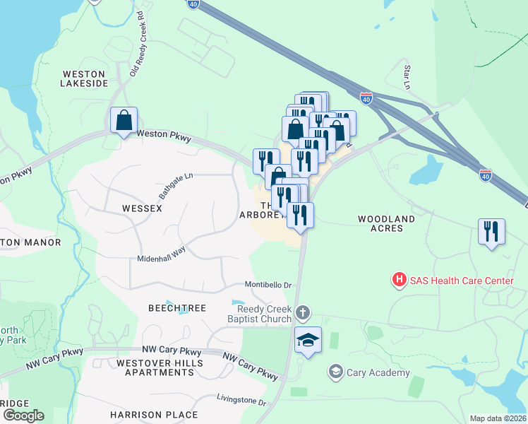 map of restaurants, bars, coffee shops, grocery stores, and more near in Cary