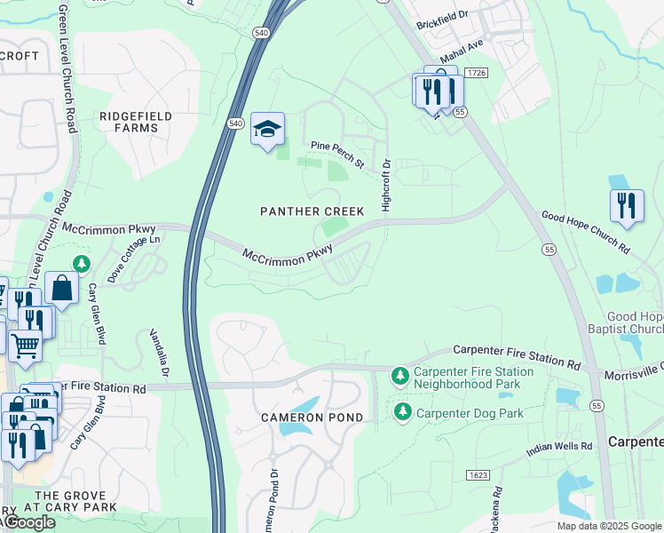 map of restaurants, bars, coffee shops, grocery stores, and more near 314 Poplar Leaf Way in Cary