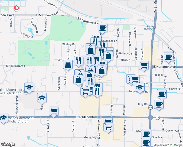 map of restaurants, bars, coffee shops, grocery stores, and more near 1421 South Caraway Road in Jonesboro