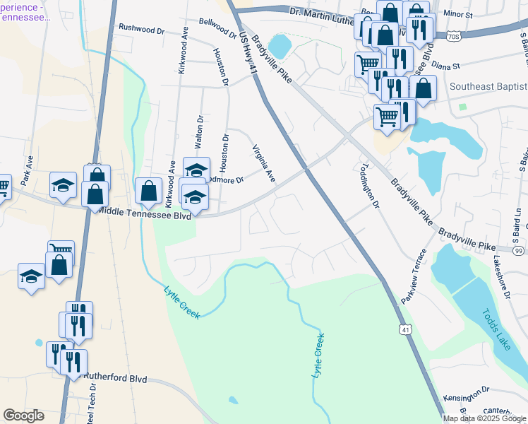 map of restaurants, bars, coffee shops, grocery stores, and more near 1317 Shearron Court in Murfreesboro