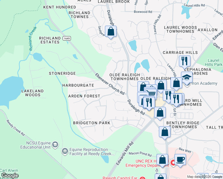 map of restaurants, bars, coffee shops, grocery stores, and more near 4401 Touchstone Forest Road in Raleigh