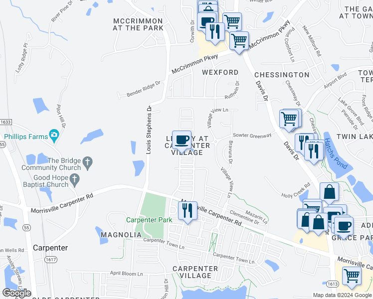 map of restaurants, bars, coffee shops, grocery stores, and more near 105 Presidents Walk Lane in Cary