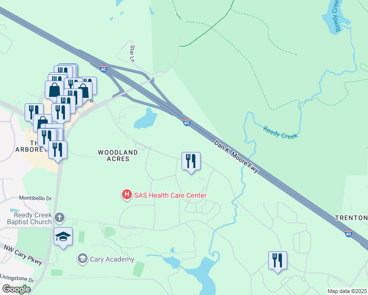 map of restaurants, bars, coffee shops, grocery stores, and more near 501 SAS Campus Drive in Cary