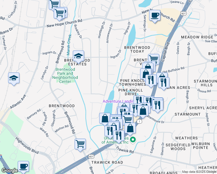 map of restaurants, bars, coffee shops, grocery stores, and more near 3316 Arrowwood Drive in Raleigh
