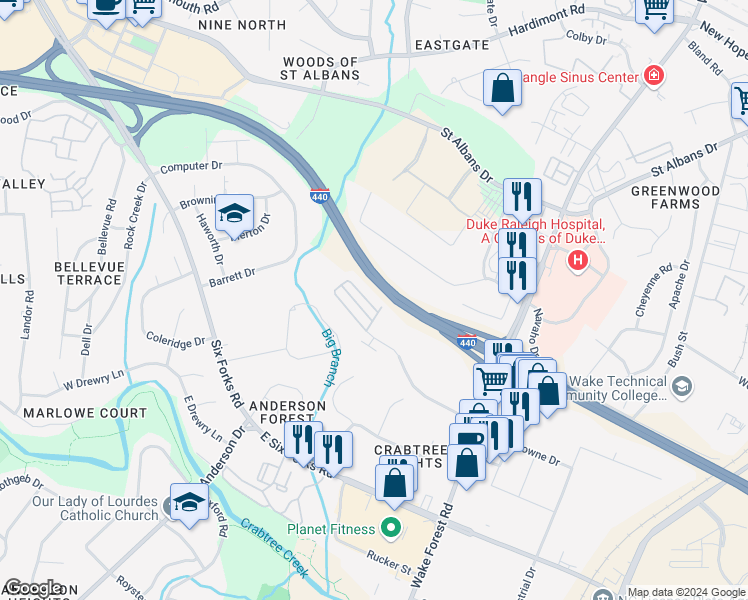 map of restaurants, bars, coffee shops, grocery stores, and more near 827 Bankston Woods Way in Raleigh