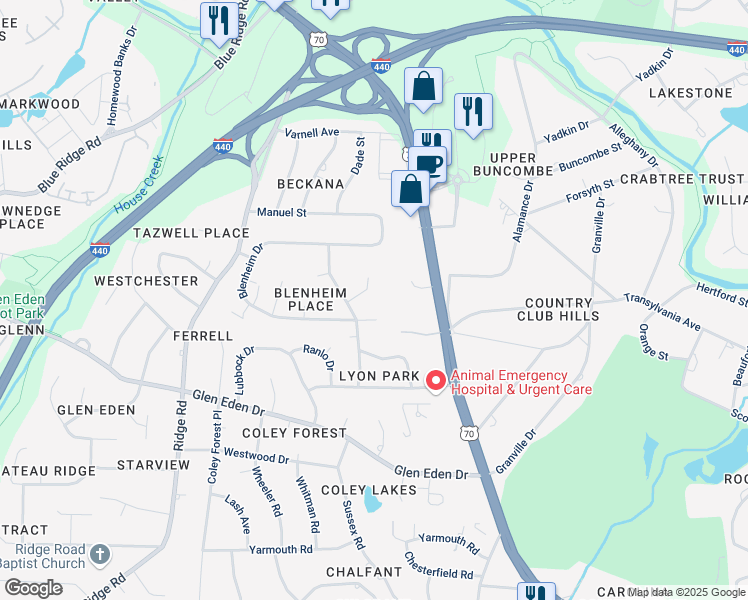map of restaurants, bars, coffee shops, grocery stores, and more near 3308 Old Saybrook Court in Raleigh