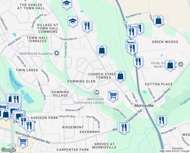 map of restaurants, bars, coffee shops, grocery stores, and more near 301 Indian Branch Drive in Morrisville