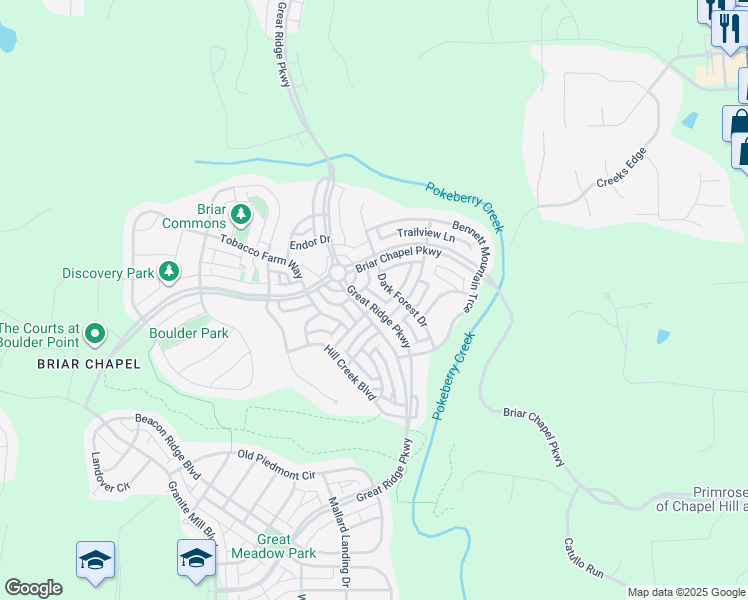 map of restaurants, bars, coffee shops, grocery stores, and more near 183 Dark Forest Drive in Chapel Hill