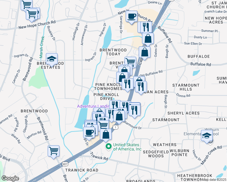 map of restaurants, bars, coffee shops, grocery stores, and more near 3508 Landsman Drive in Raleigh
