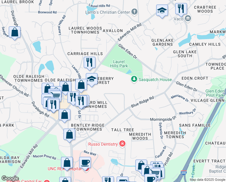 map of restaurants, bars, coffee shops, grocery stores, and more near 3412 Edgemont Drive in Raleigh