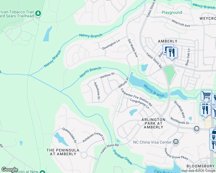 map of restaurants, bars, coffee shops, grocery stores, and more near 709 Birstall Drive in Cary