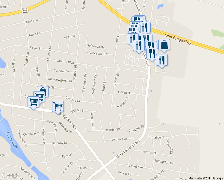 map of restaurants, bars, coffee shops, grocery stores, and more near 924 Hastings Street in Murfreesboro