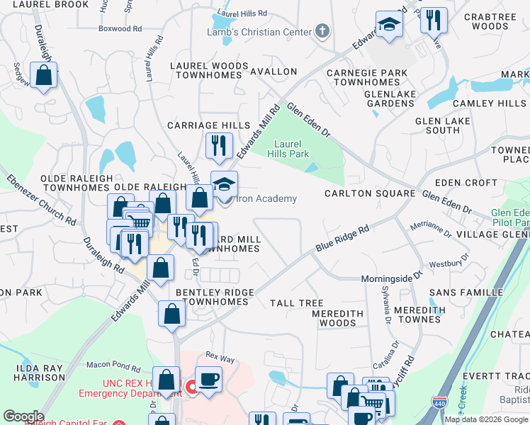 map of restaurants, bars, coffee shops, grocery stores, and more near 3412 Edgemont Drive in Raleigh