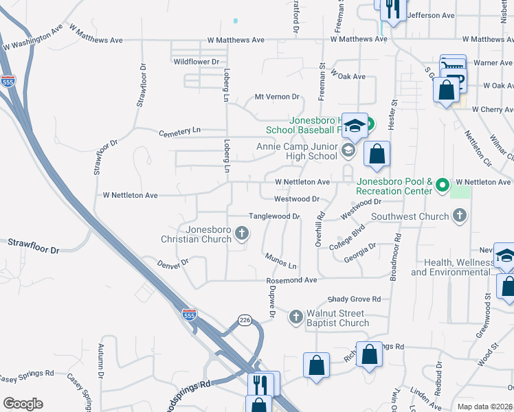 map of restaurants, bars, coffee shops, grocery stores, and more near 2007 Westwood Drive in Jonesboro