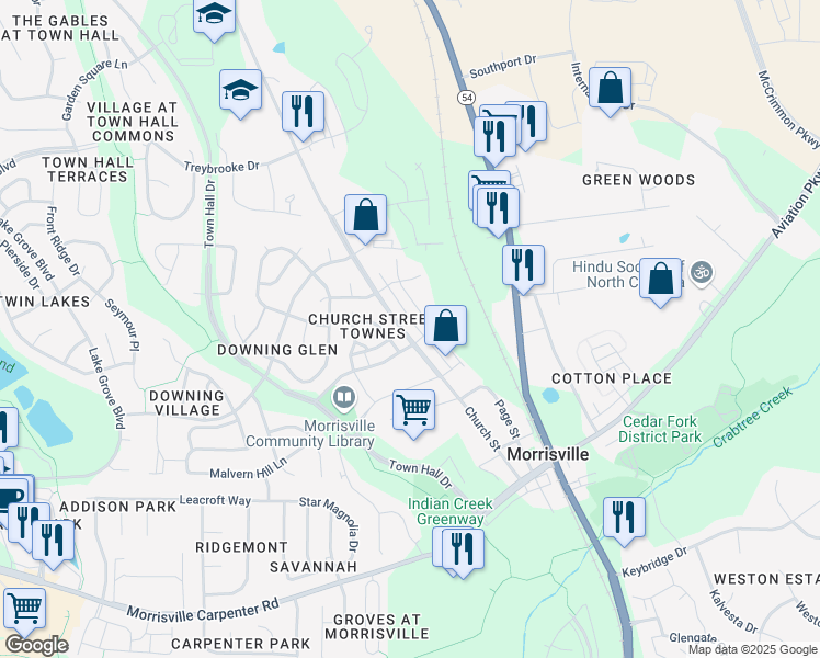 map of restaurants, bars, coffee shops, grocery stores, and more near 440 Church Street in Morrisville