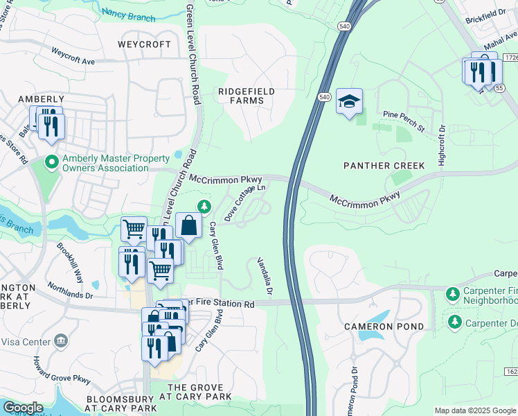 map of restaurants, bars, coffee shops, grocery stores, and more near 3003 Summerhouse Road in Cary