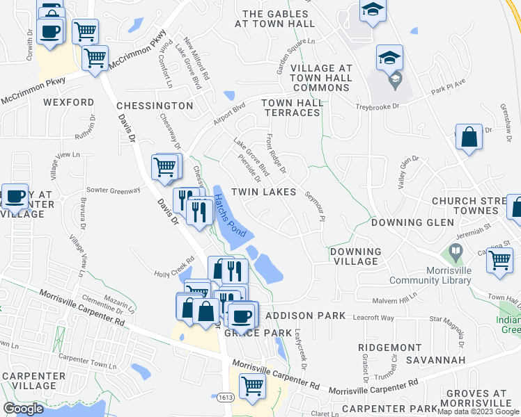 map of restaurants, bars, coffee shops, grocery stores, and more near 107 Sea Glass Court in Cary