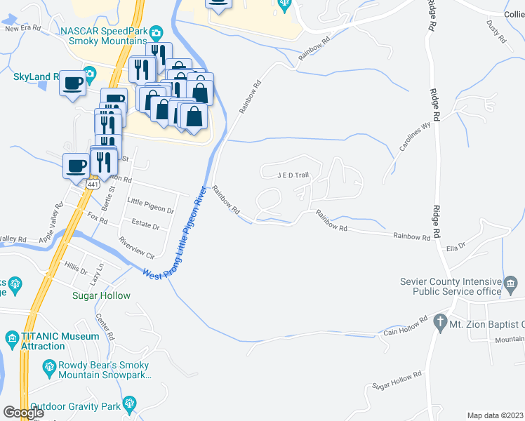 map of restaurants, bars, coffee shops, grocery stores, and more near 1603 Little Cabin Loop in Sevierville
