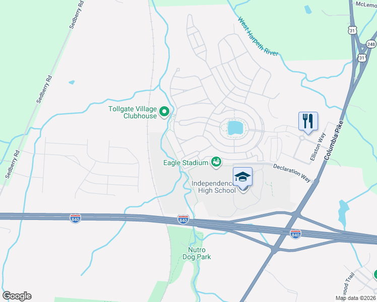map of restaurants, bars, coffee shops, grocery stores, and more near 3601 Wareham Drive in Thompson's Station