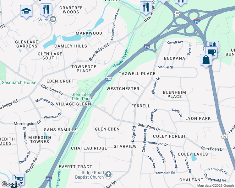 map of restaurants, bars, coffee shops, grocery stores, and more near 1305 Westmoreland Drive in Raleigh