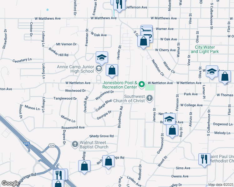 map of restaurants, bars, coffee shops, grocery stores, and more near 1613 Westwood Drive in Jonesboro