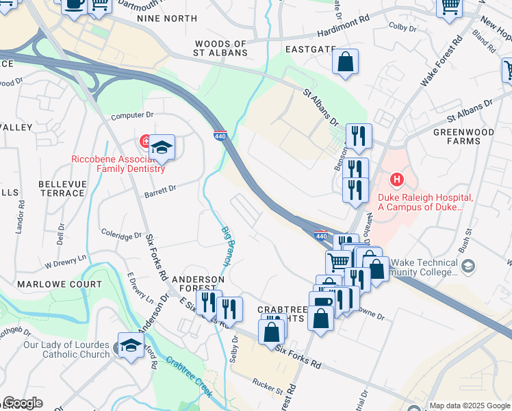 map of restaurants, bars, coffee shops, grocery stores, and more near 827 Bankston Woods Way in Raleigh
